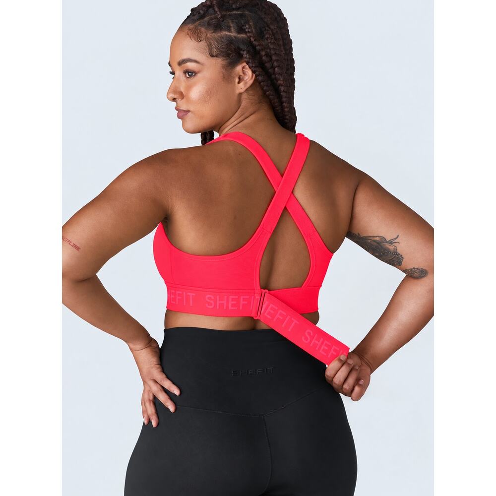 SHEFIT Bright Coral Sports Bra 2Luxe Zip Front Adjustable Straps Cross NWOTBack - Picture 3 of 9